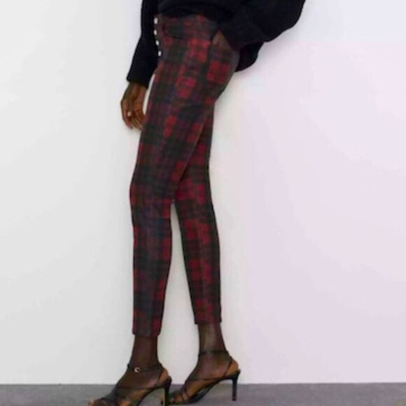 ZARA Red & Black Tartan Button Fly Mid-Rise Skinny Jeans – Size 6 – NWOT - Picture 5 of 9